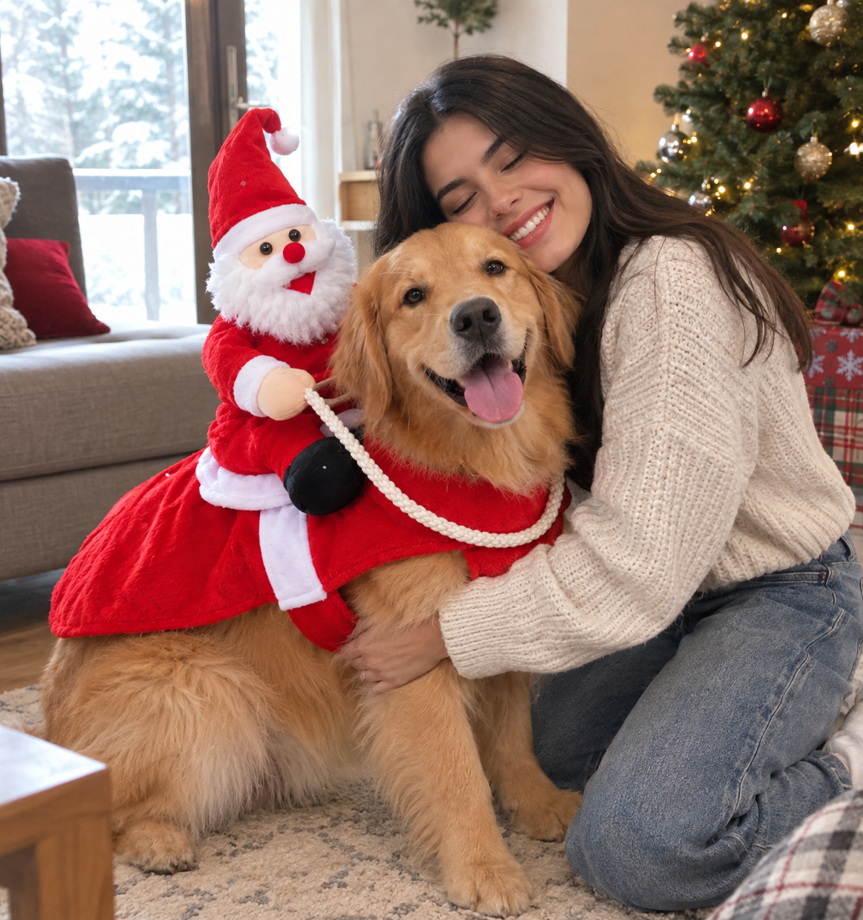 A woman hugging her golden retriever at Christmas