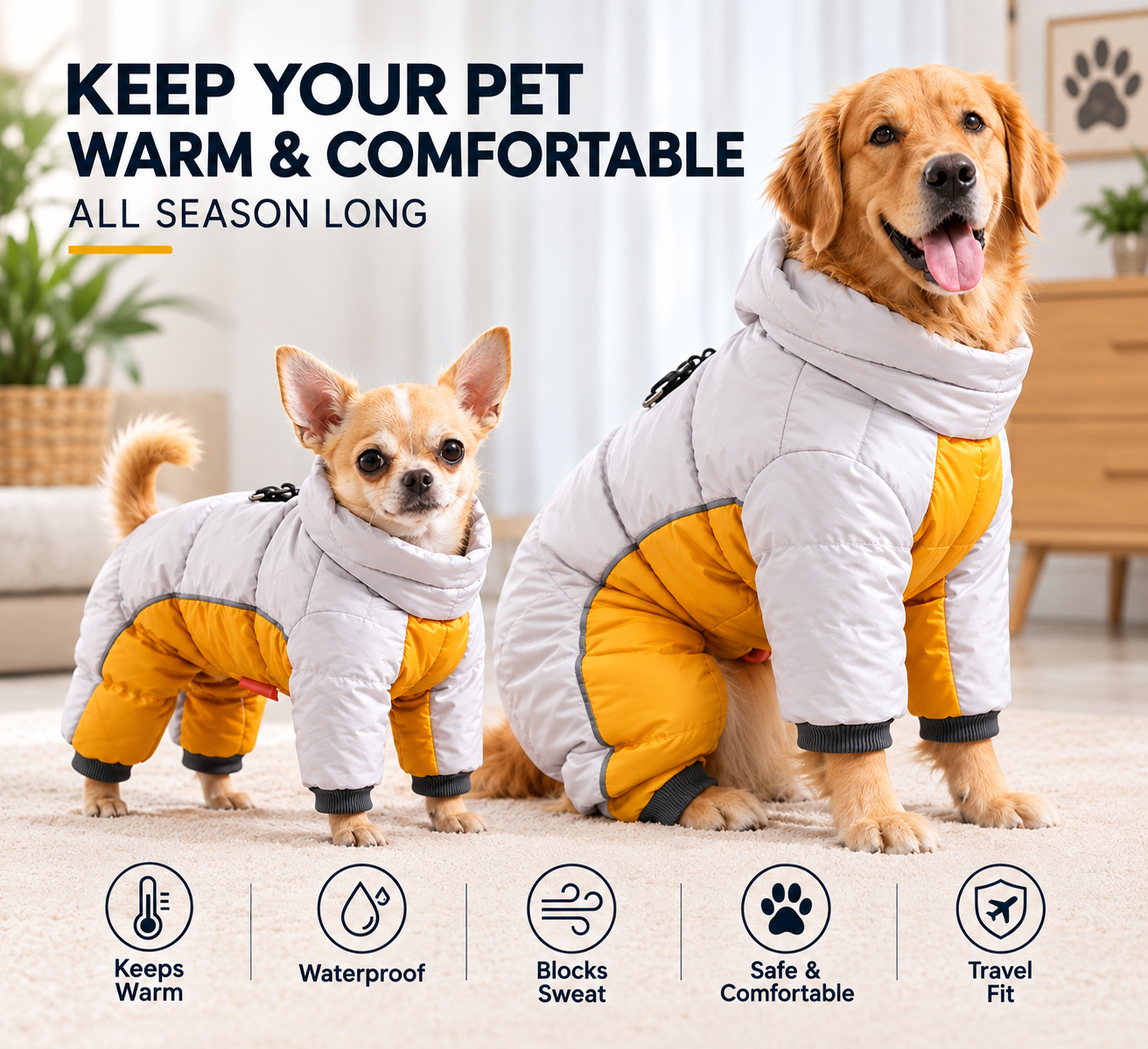 Golden retriever and chihuahua in matching silver and orange puffer suits