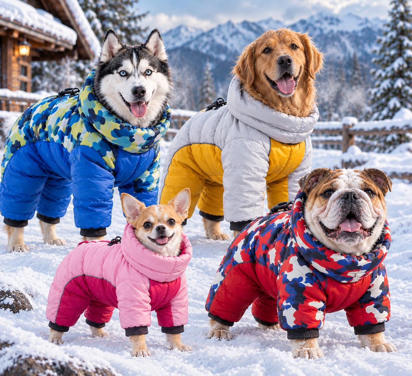 Husky, golden retriever, bulldog and chihuahua in colorful puffer jackets in the snow