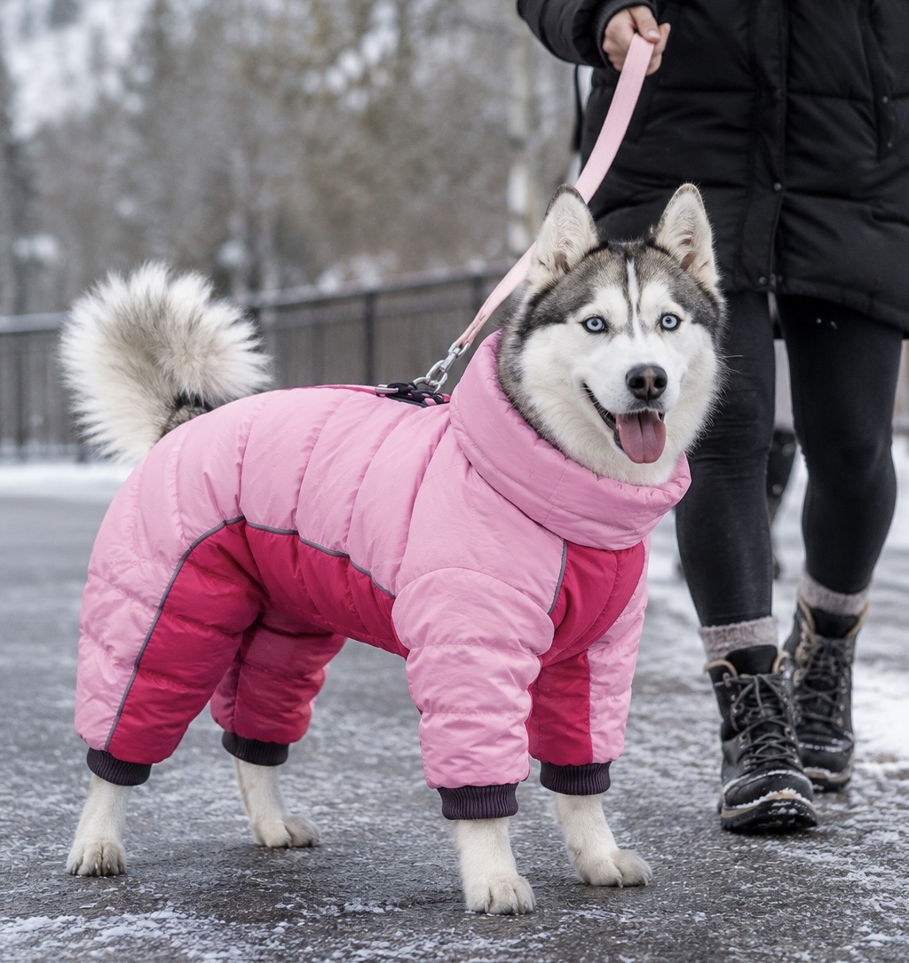 Husky in a pink puffer jacket on a winter walk