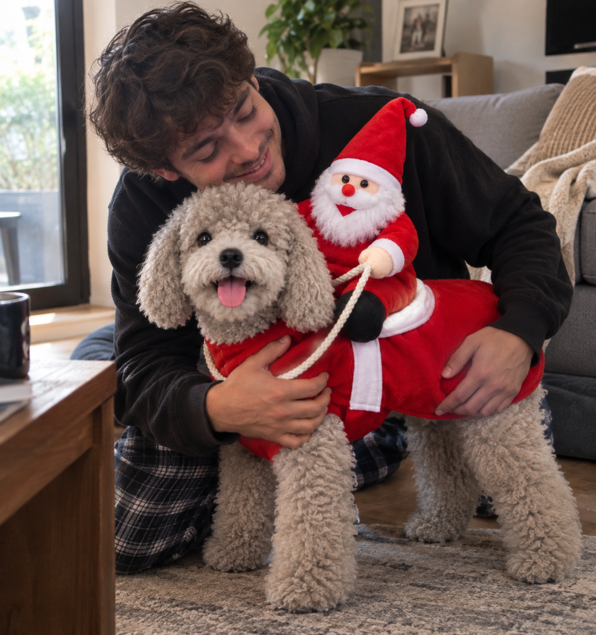 A man cuddling his dog in a holiday coat