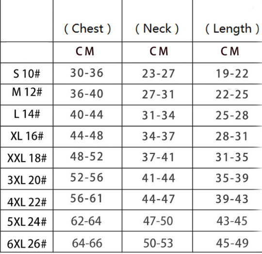 CozyPuff Winter Jacket size chart from S through 6XL