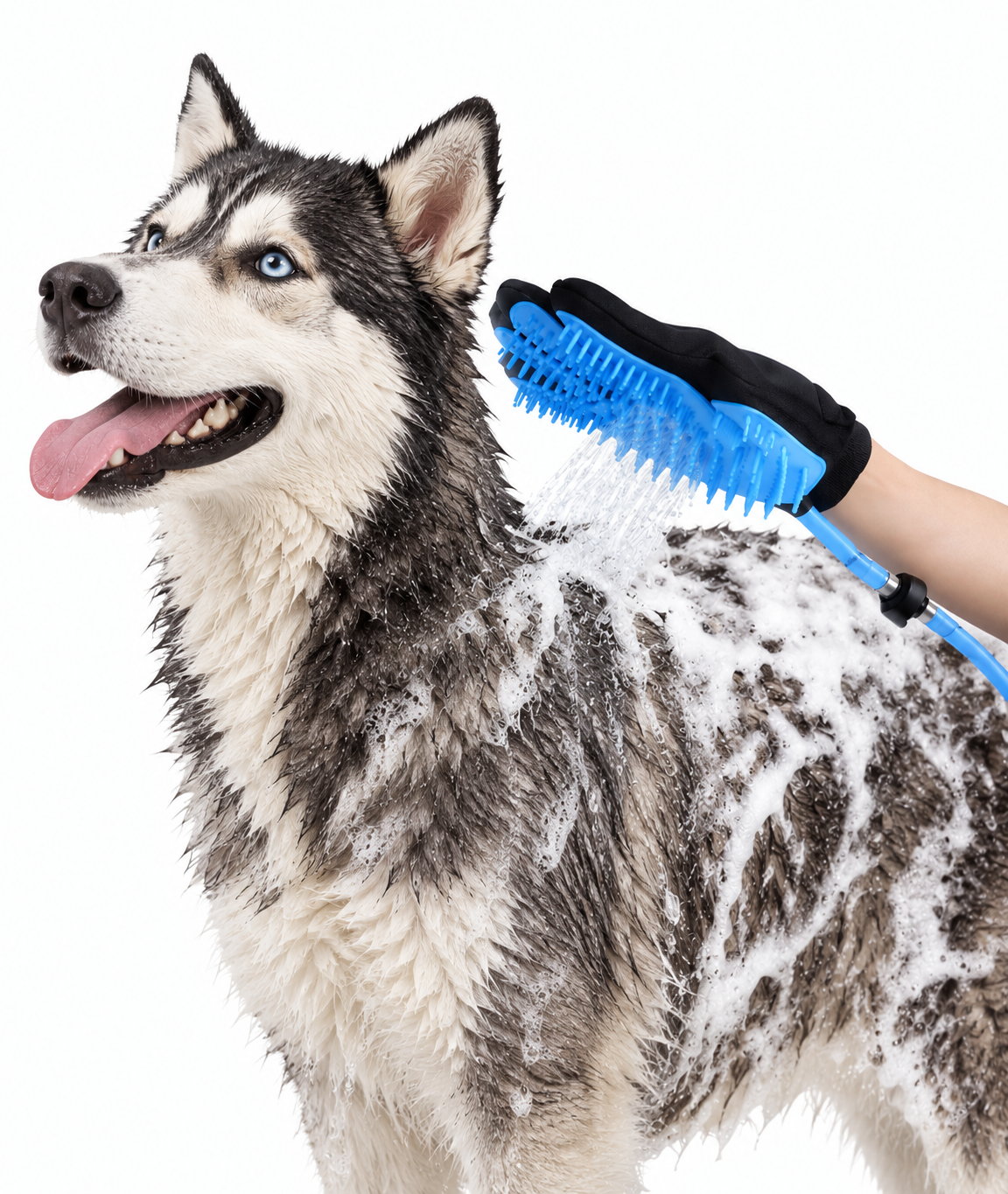 Happy husky getting a foamy bath with the SplashPaws glove