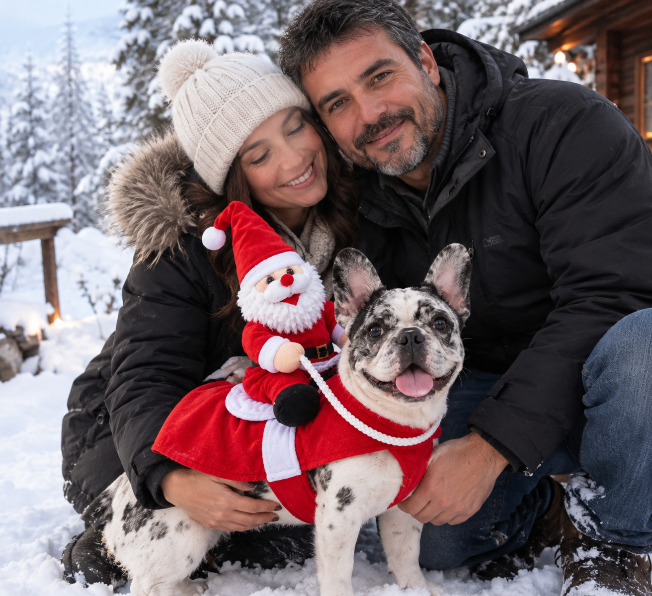 A family cuddling their dog in the snow