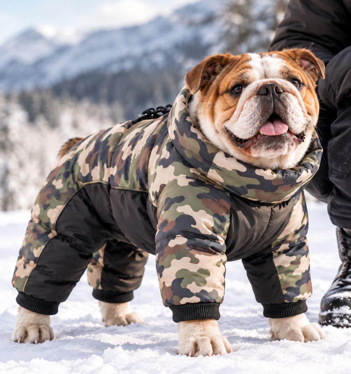 Bulldog in a camo puffer jacket playing in the snow
