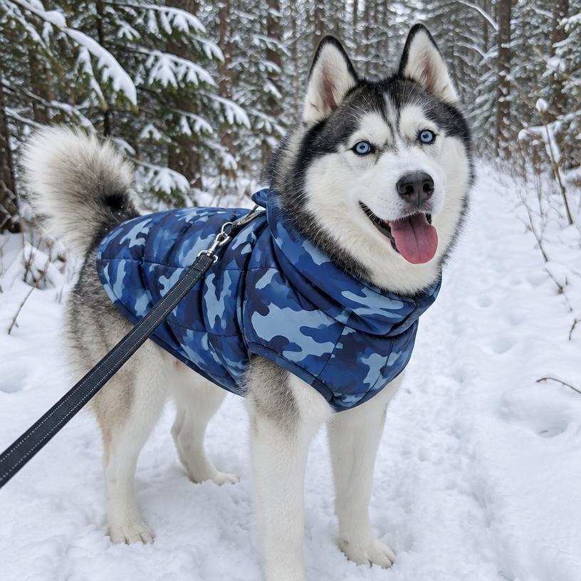 Husky in a blue camo puffer jacket on a snowy trail