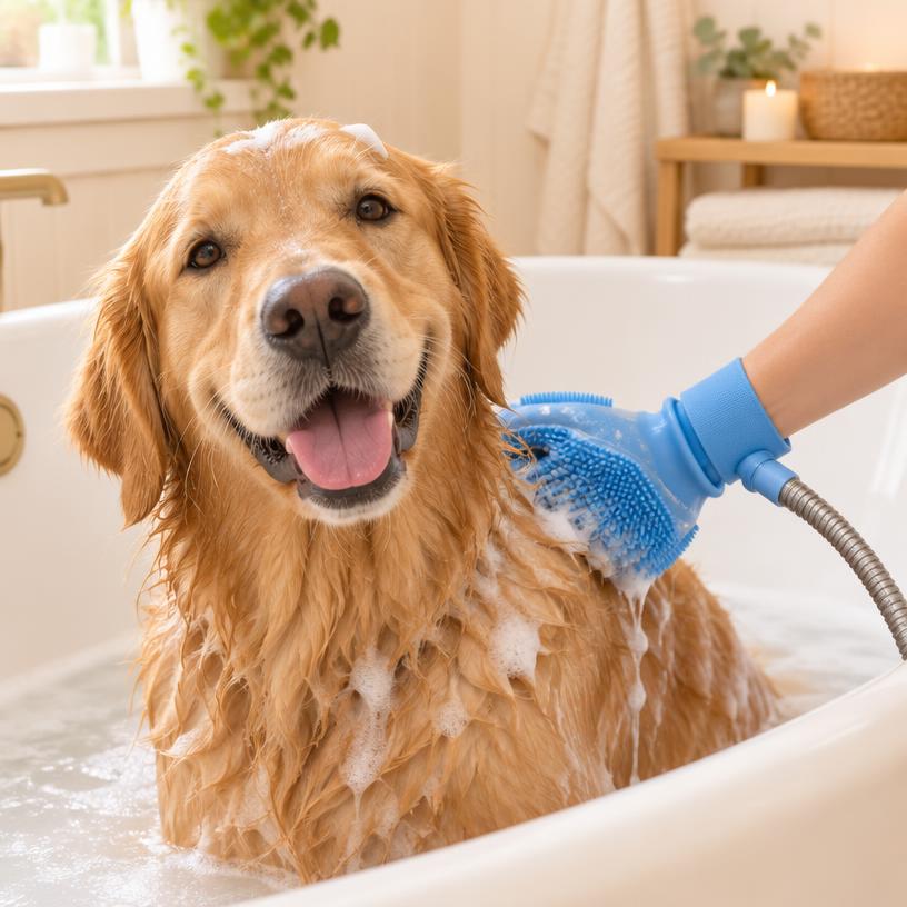 Golden retriever smiling during a bath with the shower glove