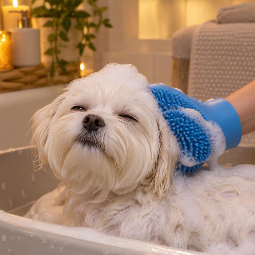 Fluffy white pup relaxing during a gentle glove massage