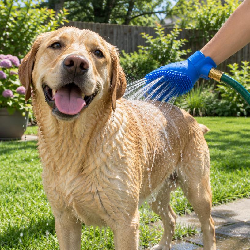 Labrador getting rinsed outside with the garden hose